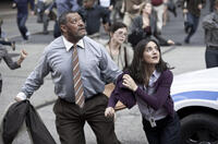 Laurence Fishburne as Perry White and Rebecca Buller as Jenny in "Man of Steel."