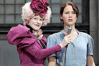 Elizabeth Banks as Effie Trinket and Jennifer Lawrence as Katniss Everdeen in "The Hunger Games."