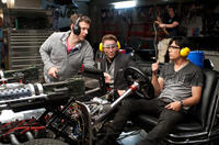 Director Michel Gondry, Seth Rogen and Jay Chou on the set of "The Green Hornet."