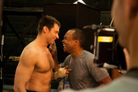 Hugh Jackman and boxing consultant Sugar Ray Leonard on the set of "Real Steel."