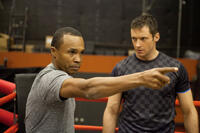 Boxing consultant Sugar Ray Leonard and Hugh Jackman on the set of "Real Steel."