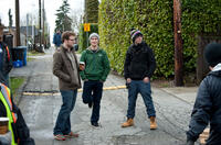 Seth Rogen, Joseph Gordon-Levitt and director Jonathan Levine on the set of "50/50."