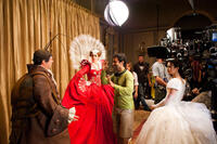 Nathan Lane, Julia Roberts, director Tarsem Singh and Lily Collins on the set of "Mirror Mirror."