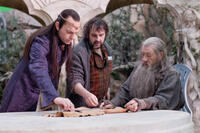 Hugo Weaving, director Peter Jackson and Ian McKellen on the set of "The Hobbit: An Unexpected Journey."
