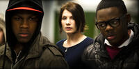 John Boyega as Moses, Jodie Whittaker as Sam and Leeon Jones as Jerome in "Attack The Block."