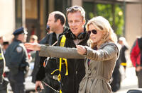 Director Aser Leth and Elizabeth Banks on the set of "Man On A Ledge."