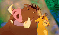 Pumbaa, Timon and Simba in "The Lion King 3D."