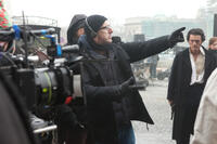 Director James McTeigue and Luke Evans on the set of "The Raven."