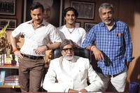 Saif Ali Khan, Prateik Babbar, Amitabh Bachchan and director Prakash Jha on the set of "Aarakshan."