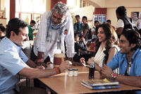 Saif Ali Khan, director Prakash Jha, Deepika Padukone and Prateik Babbaron the set of "Aarakshan."