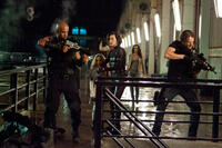Boris Kodjoe as Luther, Aryana Engineer as Becky, Milla Jovovich as Alice, Michelle Rodriguez as Rain and Johann Urb as Leon in "Resident Evil: Retribution."