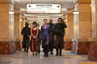 Li Bing Bing as Ada Wong, Michelle Rodriquez as Rain, Sienna Guillory as Jill Valentine, Colin Salmon as One and Oded Fehr as Carlos in "Resident Evil: Retribution."