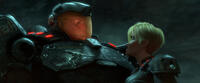 Ralph voiced by John C. Reilly and Sergeant Calhoun voiced by Jane Lynch in "Wreck-it Ralph."