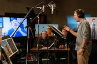 Ken Daurio, director Chris Renaud and Ed Helms on the set of "Dr. Seuss' The Lorax."