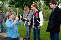 Director Stephen Chbosky, Emma Watson and Logan Lerman on the set of "The Perks Of Being A Wallflower."