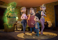 Grandma Babcock voiced by Elaine Stritch, Sandra Babcock voiced by Leslie Mann, Perry Babcock voiced by Jeff Garlin, Norman voiced by Kodi Smit-McPhee and Courtney voiced by Anna Kendrick in "ParaNorman."
