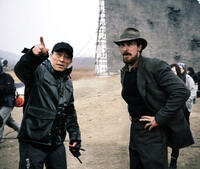 Director Zhang Yimou and Christian Bale on the set of "The Flowers of War."