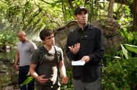 Dwayne Johnson, Josh Hutcherson and director Brad Peyton on the set of "Journey 2: The Mysterious Island."