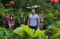 Luis Guzman as Gabato, Vanessa Hudgens as Kailani, Michael Caine as Alexander, Dwayne Johnson as Hank and Josh Hutcherson as Sean in "Journey 2: The Mysterious Island."