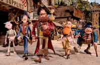 Albino Pirate voiced by Russell Tovey, Pirate with Scarf, Pirate Captain voiced by Hugh Grant, Polly, Surprisingly Curvaceous Pirate voiced by Ashley Jensen and Pirate with Gout voiced by Brendan Gleeson in "Pirates! Band of Misfits."