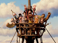 Pirate who plays the Accordian, Pirate with Gout voiced by Brendan Gleeson, Pirate with a Scarf voiced by Martin Freeman, Albino Pirate voiced by Russell Tovey, Polly, the Pirate Captain voiced by Hugh Grant, Surprisingly Curvaceous Pirate voiced by Ashley Jensen, Pirate who likes Sunsets and Kittens voiced Lenny Henry and Pirate with Prosthetics in "Pirates! Band of Misfits."