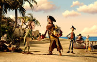 Darwin voiced by David Tennant, Pirate Captain voiced by Hugh Grant, Pirate with Scarf voiced by Martin Freeman, Pirate with Gout voiced by Brendan Gleeson and Albino Pirate in "Pirates! Band of Misfits."