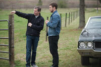 Director Robert Lorenz and Justin Timberlake on the set of "Trouble With the Curve."