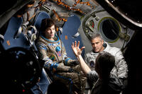 Sandra Bullock, George Clooney and Director Alfonso Cuaron on the set of "Gravity."