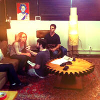 Jenn Harris, Matthew Wilkas and director Jonathan Lisecki on the set of "Gayby."