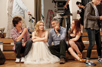 Hamish Linklater, Greta Gerwig, producer Michael London and Zoe Lister-Jones on the set of "Lola Versus."