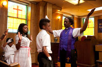 Kimberly Hebert-Gregory as Sister Sweet, Tony Lysaith as Chazz Morningstar, Clarke Peters as Bishop Enoch Rouse and Jules Brown as Flik Royale in "Red Hook Summer."