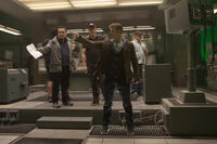 Director Joe Russo, director Anthony Russo and Chris Evans on the set of "Captain America: The Winter Soldier."