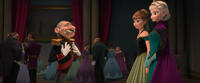 The Duke of Weselton voiced by Alan Tudyk, Anna voiced by Kristen Bell and Elsa voiced by Idina Menzel in "Frozen."