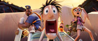 Earl voiced by Terry Crews, Flint Lockwood voiced by Bill Hader and Sam Sparks voiced by Anna Faris in "Cloudy with a Chance of Meatballs 2."