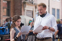 Anna Kendrick and director Jason Moore on the set of "Pitch Perfect."
