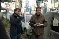 Director Gareth Edwards and Bryan Cranston on the set of "Godzilla."
