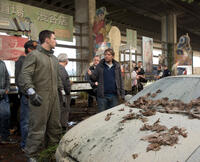 Aaron Johnson and director Gareth Edwards on the set of "Godzilla."