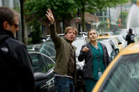 Director Gareth Edwards and Elizabeth Olsen on the set of "Godzilla."