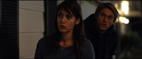 Lizzy Caplan as Lassie and Charlie Hunnam as Frank in "3, 2, 1... Frankie Go Boom."