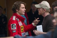 Daniel Bruhl and director Ron Howard on the set of "Rush."