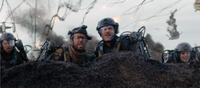 Franz Drameh as Ford, Kick Gurry as Griff, Bill Paxton as Master Sergeant Farell and Charlotte Riley as Nance in "Edge of Tomorrow."