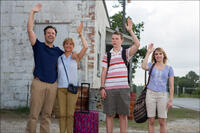Jason Sudeikis as David Clark, Jennifer Aniston as Rose O'Reilly, Will Poulter as Kenny Rossmore and Emma Roberts as Casey Mathis in "We're the Millers."