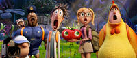 Manny voiced by Benjamin Bratt, Steve the Monkey voiced by Neil Patrick Harris, Earl voiced by Terry Crews, Flint Lockwood voiced by Bill Hader, Sam Sparks voiced by Anna Faris and Brent voiced by Andy Samberg in "Cloudy with a Chance of Meatballs 2."