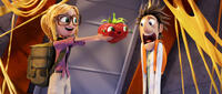 Sam Sparks voiced by Anna Faris and Flint Lockwood voiced by Bill Hader in "Cloudy with a Chance of Meatballs 2."