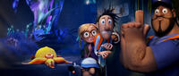 Brent voiced by Andy Samberg, Sam voiced by Anna Faris, Flint voiced by Bill Hader, Steve the Monkey voiced by Neil Patrick Harris and Earl voiced by Terry Crews in "Cloudy with a Chance of Meatballs 2."