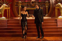 Mila Kunis as Jupiter Jones and Douglas Booth as Titus Abrasax in "Jupiter Ascending."