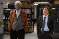 Morgan Freeman as Joseph Tagger and Cillian Murphy as Agent Buchanan in "Transcendence."