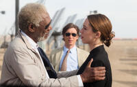 Morgan Freeman as Joseph Tagger, Cillian Murphy as Agent Buchanan and Rebecca Hall as Evelyn Caster in "Transcendence."