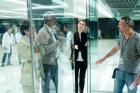 Cillian Murphy, Morgan Freeman, Rebecca Hall and director Wally Pfister on the set of "Transcendence."