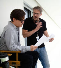 Johnny Depp and director Wally Pfister on the set of "Transcendence."